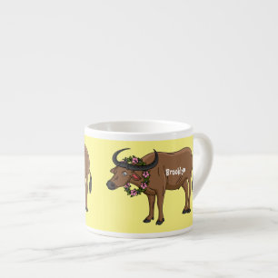 Water buffalo with flowers cartoon illustration espresso cup