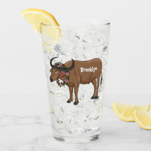 Water buffalo with flowers cartoon illustration glass