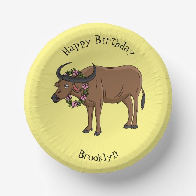 Water buffalo with flowers cartoon illustration  paper plate (Front)