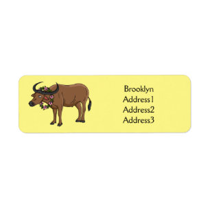 Water buffalo with flowers cartoon illustration return address label