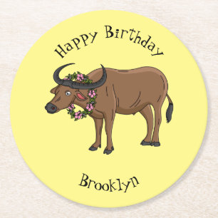 Water buffalo with flowers cartoon illustration round paper coaster