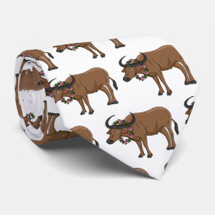Water buffalo with flowers cartoon illustration tie
