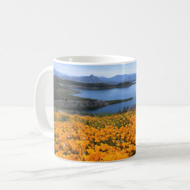 Water | California Lake With Golden Poppies Coffee Mug (Front Left)