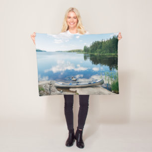Water Canoe on Lake in Sweden Fleece Blanket