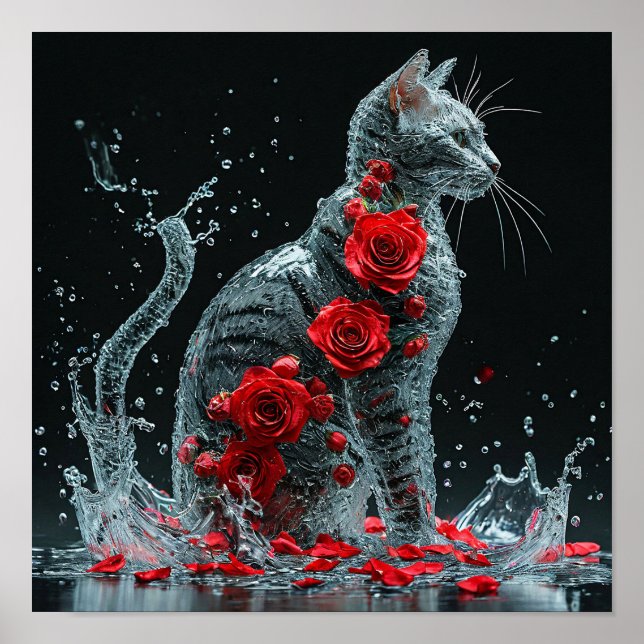 🌹 Water Cat Surrounded Red Roses Fantasy Romantic Poster (Front)