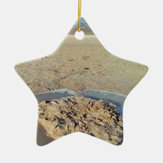Water Circle in Sand on Beach, Summer Time Ceramic Ornament (Front)