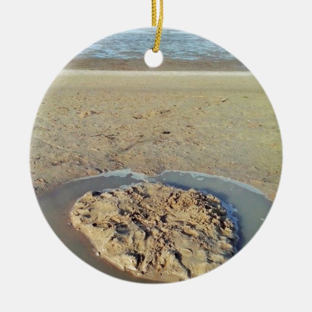 Water Circle in Sand on Beach, Summer Time Ceramic Ornament (Front)