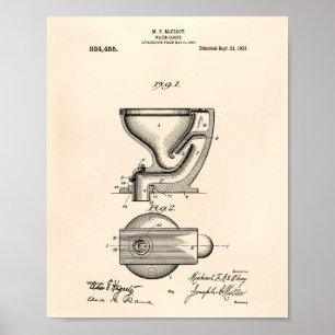 Water Closet 1909 Patent Art Old Peper Poster