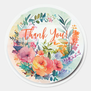 WATER COLOR DESIGN FLOWERS "THANK YOU"   CLASSIC ROUND STICKER