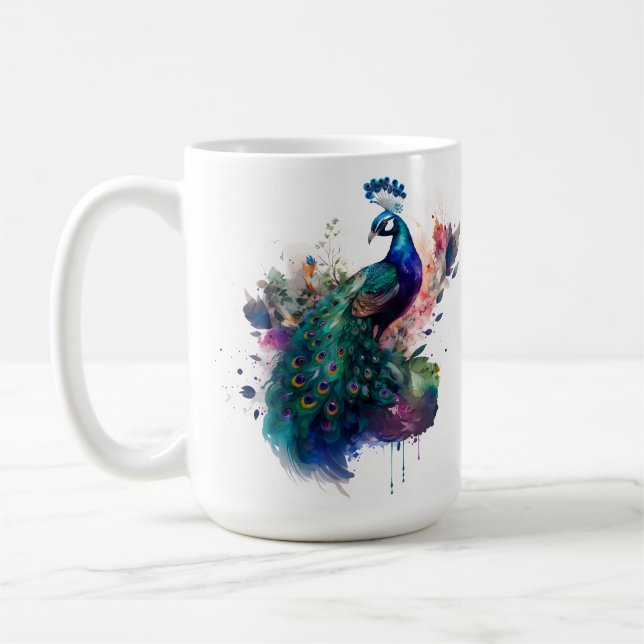 Water colour and Ink Peacock Coffee Mug (Left)