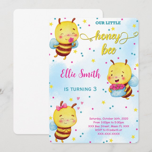 Water Colour Bee Birthday Invitation (Front/Back)