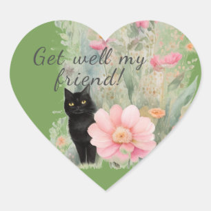 Water colour Black Cat in Flowergarden Heart Sticker