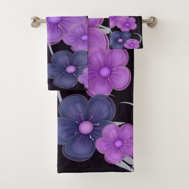 water colour black  purple  floral bath towel set (Insitu)