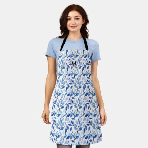 Water Colour Blue Leaf Mosaic Fine Art Monogram Apron