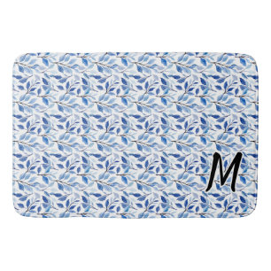 Water Colour Blue Leaf Mosaic Fine Art Monogram Bath Mat