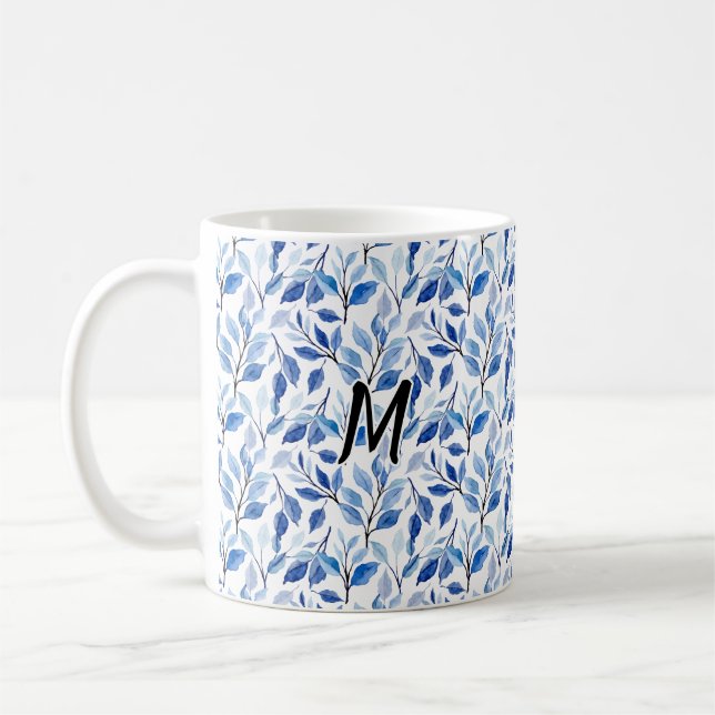 Water Colour Blue Leaf Mosaic Fine Art Monogram Coffee Mug (Left)