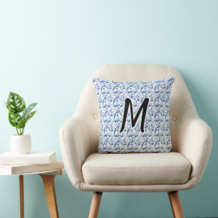 Water Colour Blue Leaf Mosaic Fine Art Monogram Cushion