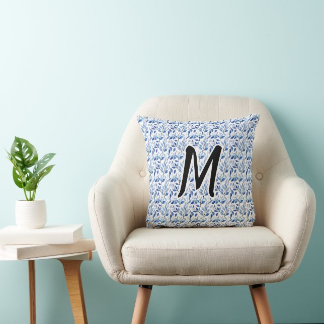 Water Colour Blue Leaf Mosaic Fine Art Monogram Cushion (Chair)