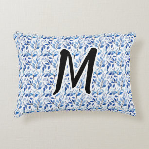Water Colour Blue Leaf Mosaic Fine Art Monogram Decorative Cushion