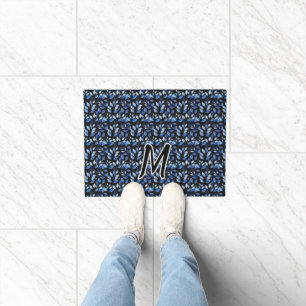 Water Colour Blue Leaf Mosaic Fine Art Monogram Doormat