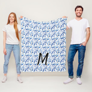 Water Colour Blue Leaf Mosaic Fine Art Monogram Fleece Blanket