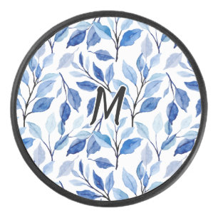 Water Colour Blue Leaf Mosaic Fine Art Monogram Hockey Puck