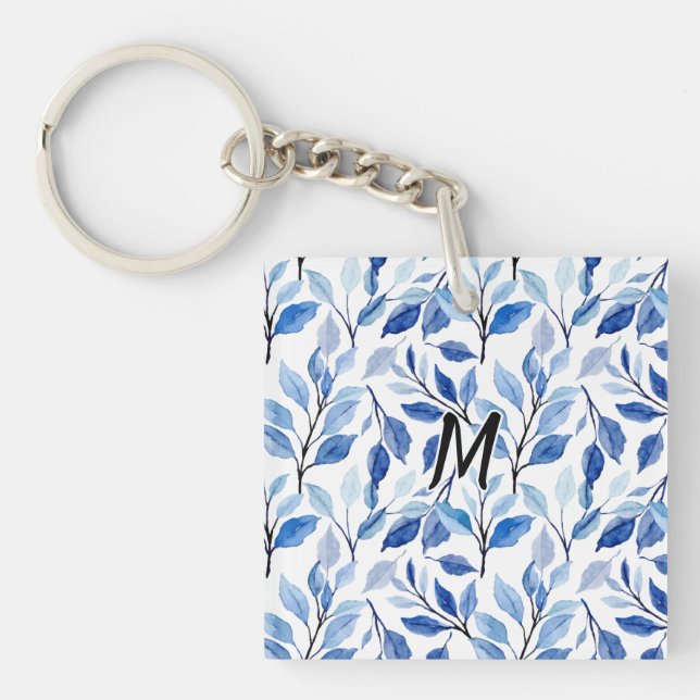 Water Colour Blue Leaf Mosaic Fine Art Monogram Key Ring (Front)