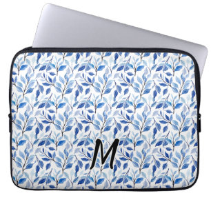 Water Colour Blue Leaf Mosaic Fine Art Monogram Laptop Sleeve
