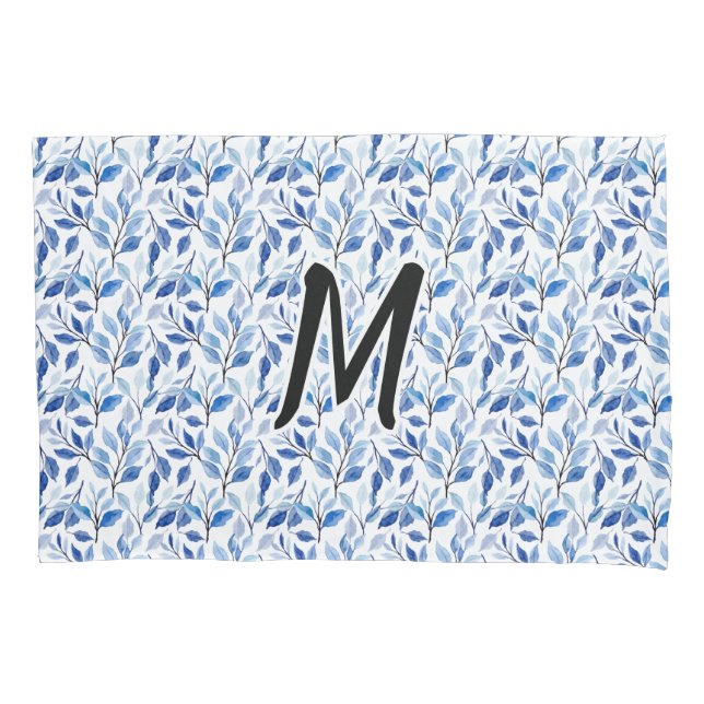 Water Colour Blue Leaf Mosaic Fine Art Monogram Pillowcase (Front)