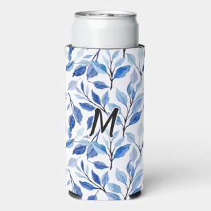 Water Colour Blue Leaf Mosaic Fine Art Monogram Seltzer Can Cooler