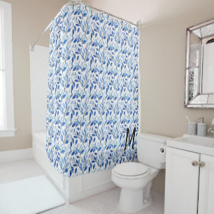 Water Colour Blue Leaf Mosaic Fine Art Monogram Shower Curtain
