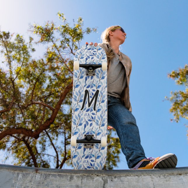 Water Colour Blue Leaf Mosaic Fine Art Monogram Skateboard (Outdoor 1)
