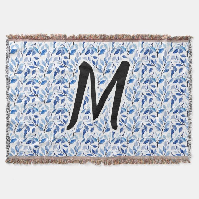 Water Colour Blue Leaf Mosaic Fine Art Monogram Throw Blanket (Front)