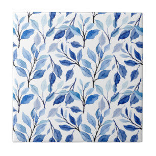Water Colour Blue Leaf Waves Teal Mosaic Fine Art Ceramic Tile