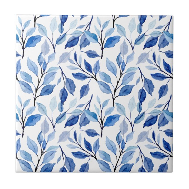 Water Colour Blue Leaf Waves Teal Mosaic Fine Art Ceramic Tile (Front)