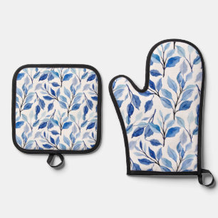 Water Colour Blue Leaf Waves Teal Mosaic Fine Art Oven Mitt & Pot Holder Set