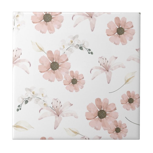 Water Colour Blush Pink Flowers Art Ceramic Tile (Front)