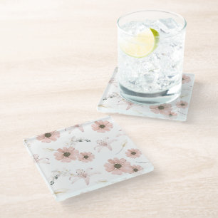 Water Colour Blush Pink Flowers Art Glass Coaster