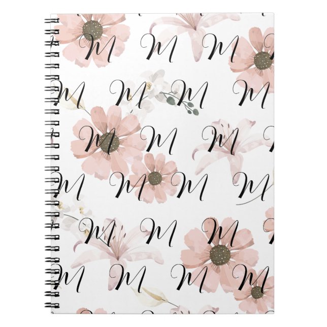 Water Colour Blush Pink Flowers Art Monogram Notebook (Front)