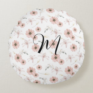 Water Colour Blush Pink Flowers Art Monogram Round Cushion
