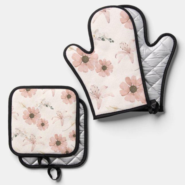 Water Colour Blush Pink Flowers Art Oven Mitt & Pot Holder Set (Front/Back)
