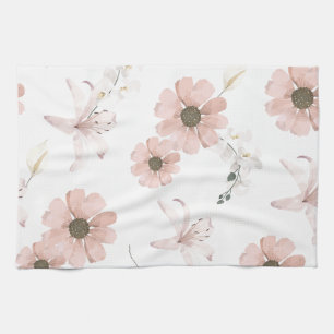 Water Colour Blush Pink Flowers Art Tea Towel
