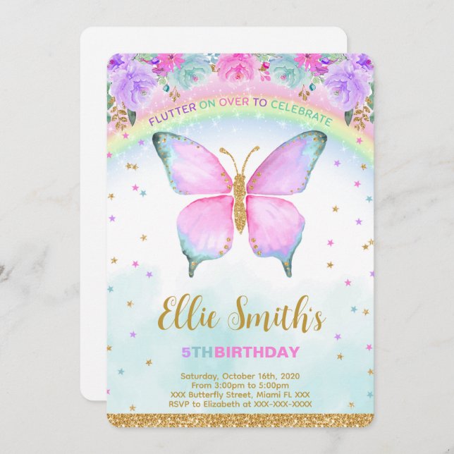 Water Colour Butterfly Birthday Invitation (Front/Back)