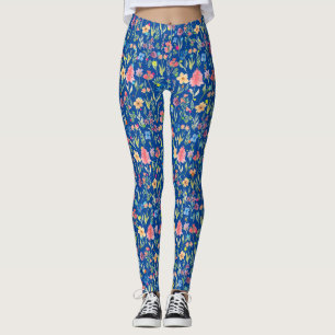Water Colour Floral Pattern 01.bw Blue BG Leggings