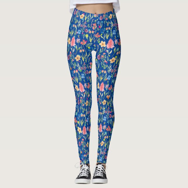 Water Colour Floral Pattern 01.bw Blue BG Leggings (Front)