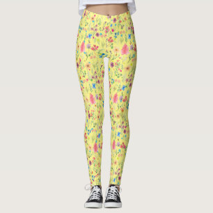 Water Colour Floral Pattern 01.bw LYellow BG Leggings