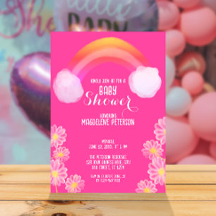 Water Colour Flowers Rainbow   Pink Baby Shower Invitation