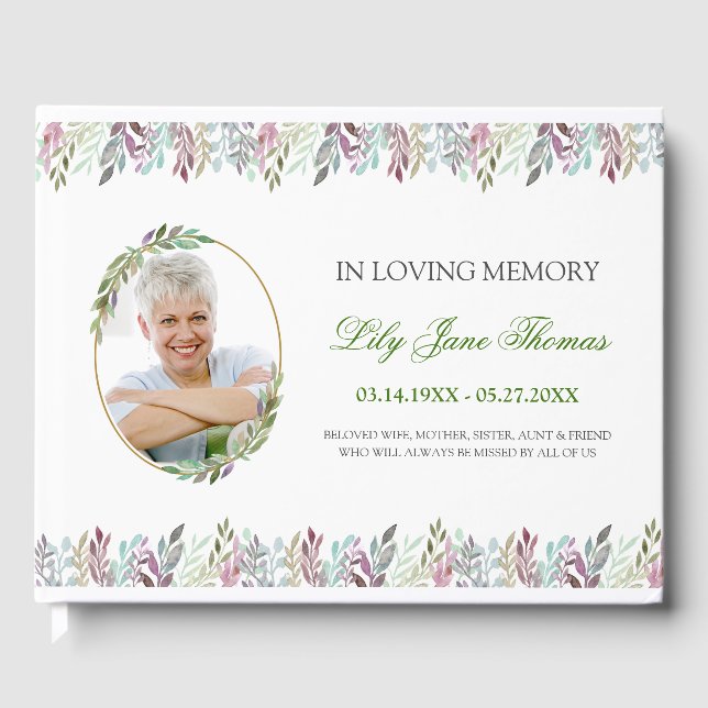 Water Colour Foliage Funeral Guest Book Keepsake (Front)