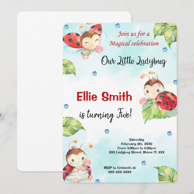 Water Colour Ladybug Invitation (Front/Back)