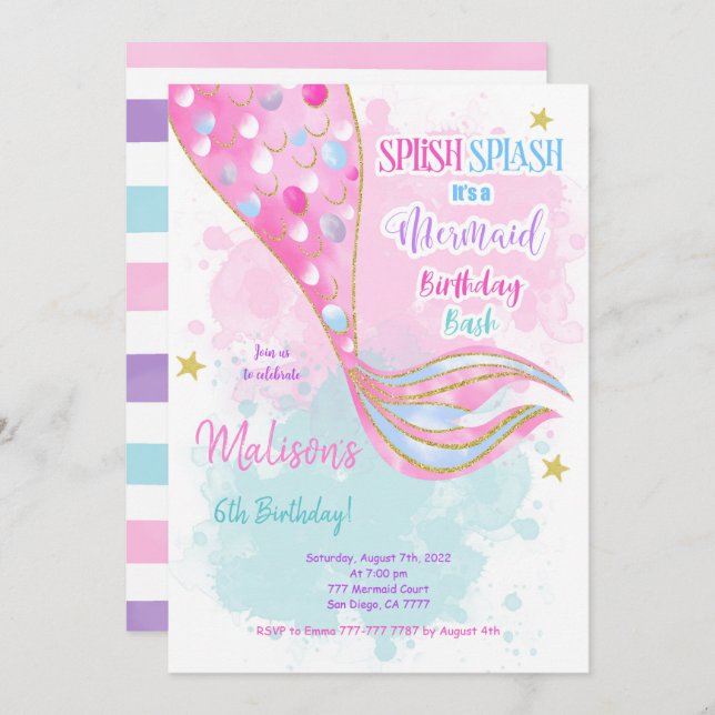 Water Colour Mermaid kids Invitation (Front/Back)